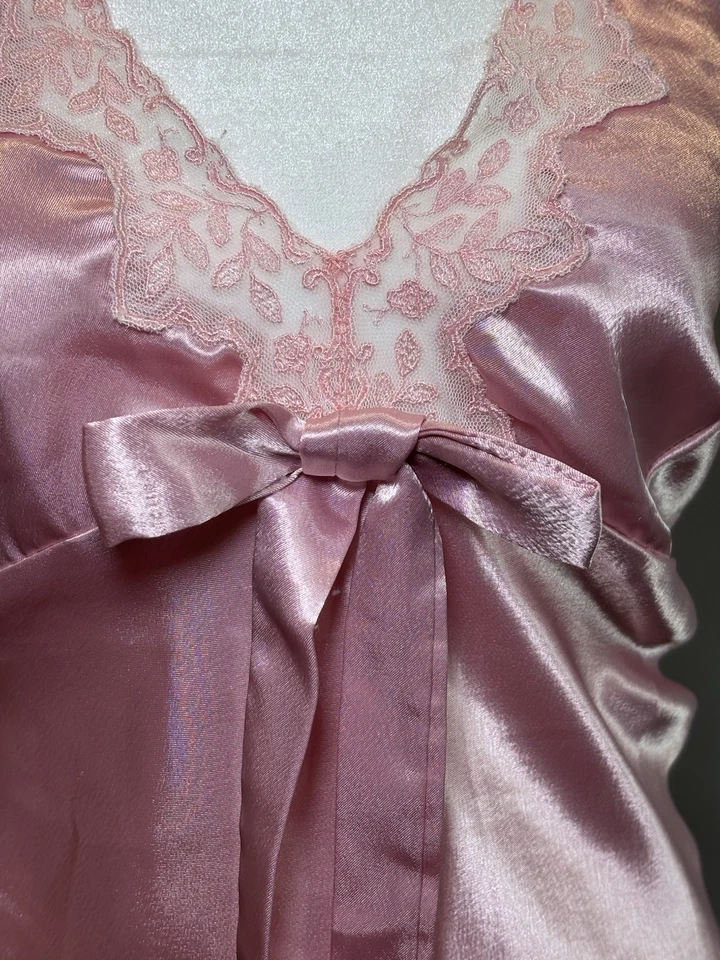 Camisón vintage estilo años 30 rosa satinado ribete de encaje antiguo Hollywood glamoroso sin cordones Foto 4 de 4