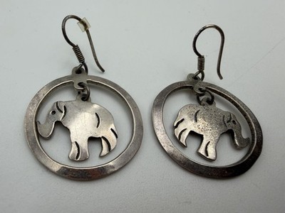 Vintage Sterling Silver Taxco Mexico 925 Good Luck Elephant Earrings Dangle 12g