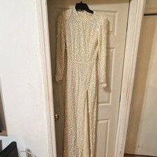 ivory sequin long sleeve crew neck maxi dress slit