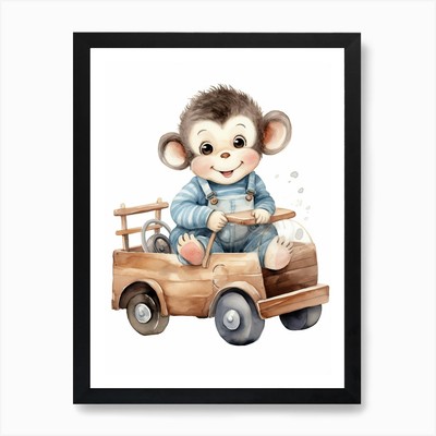 Baby Panda auf einem Spielzeugauto, Aquarell gerahmtes Wandbild Poster Leinwanddruck Bild