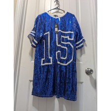 Fashion Nova Blue Sequins Jersey Game Time Party Shirt Dress Size L NWT!