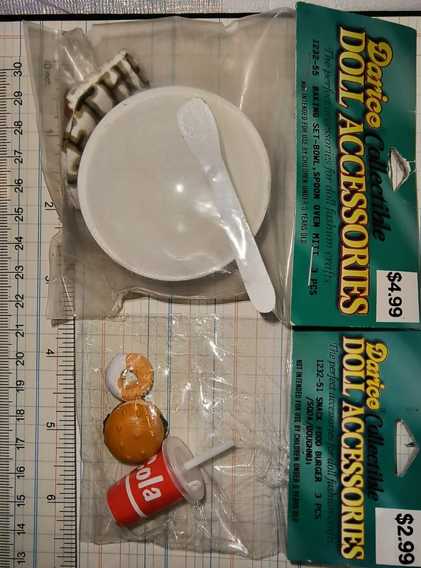2 sets: Mixing Bowl, Spatula, Hotglove; Cola Bagel Donut. Darice Collectibles
