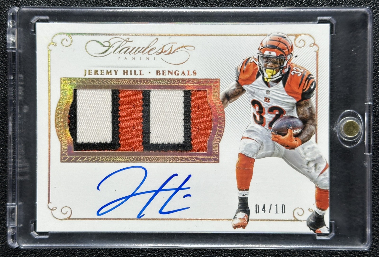 JEREMY HILL 2015 PANINI FLAWLESS #PA-JH GAME-USED PATCH AUTO GOLD 4/10 BENGALS