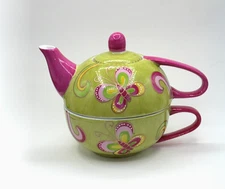 Cha Cult Tea-for-one set hot pink neon green hand painted butterflies gold dots