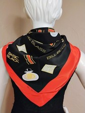 VTG "Bill Blass" Blk Silk with "Basic Blk" Perfume Logo in Red  Yellow SCARF