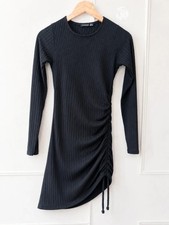 Black Ribbed Ruched Bodycon Dress Long Sleeve Sculpting Mini UK 10