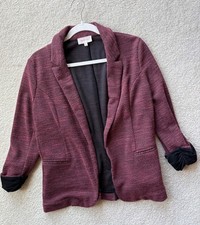 Skies Are Blue Knit Blazer Size L Burgundy Open Front 3/4 Sleeves