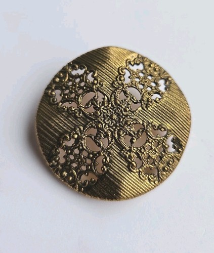 Large Antique/ Vint Brass Filigree, Etched Domed w/ Interesting 4 Corners Button