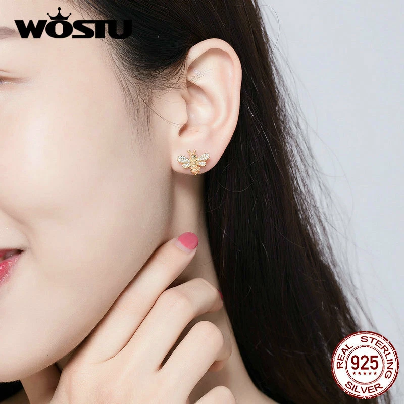 Autêntico 100% 925 Brincos de Prata Esterlina Abelha Feminino Brinco de Ouro Joia Presente - Imagem 4 de 4