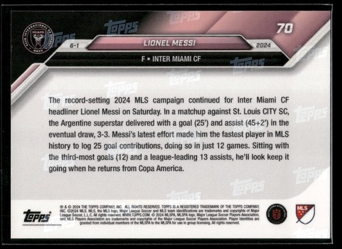 2024 MLS Topps Now Lionel Messi FASTEST PLAYER IN HISTORY Inter Miami CF #70 SP - Picture 2 of 2
