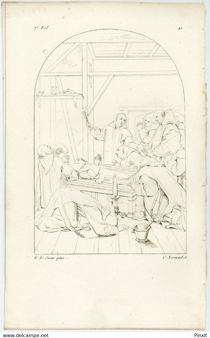 Eustache Le Sueur La mort de Saint Bruno - original 19th century engraving