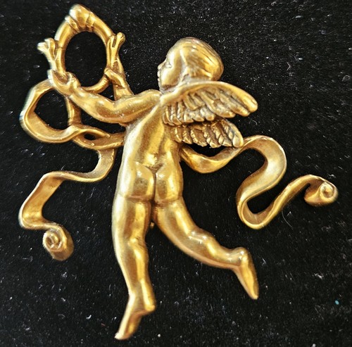 Vintage MMA Signed ANGEL Brooch Pin in Gold Tone with Ribbon 2" wide