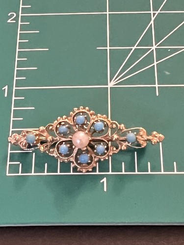 Vintage 14k Yellow Gold Turquoise & Pearl Pin Brooch Reticulated - Picture 5 of 5