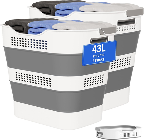 43L Collapsible Laundry Baskets - 2 Packs, Foldable with Handles, Grey - Picture 8 of 12