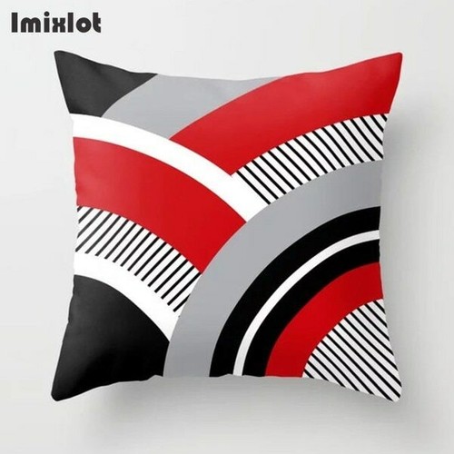 Red Geometric Cushion Cover Stripe Dot Grid Printed Polyester Throw Pillow Case - Picture 27 of 28