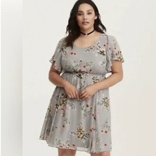 Torrid Gray Floral Ruffle Sleeve Chiffon Skater Flare Dress Size 2X