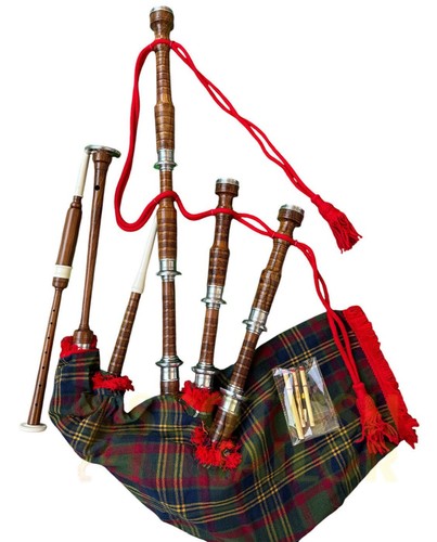 Highland Rosewood Bagpipe For Sale Natural Finish With County Cork Tartan Cover - Picture 3 of 5