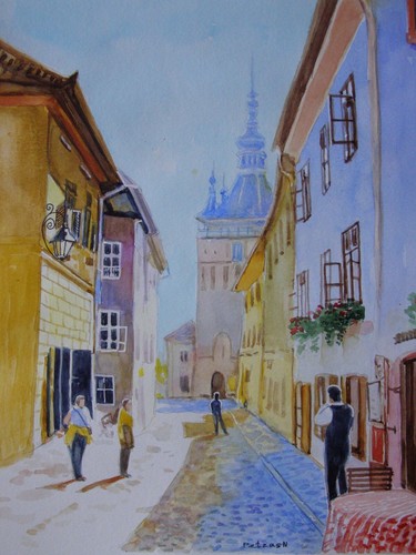 SIGHISOARA Transilvania ROMANIA paesaggio urbano dipinto acquerello originale arte - Foto 2 di 2