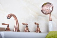 Antique Red Copper Bathtub Shower Tap 5 Holes Widespread Roman Tub Filler Faucet