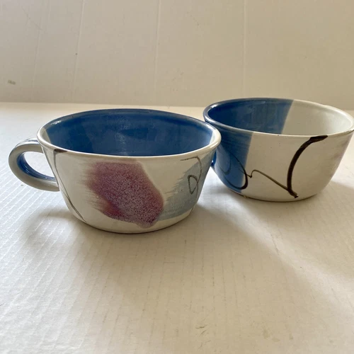TWO Vintage STUDIO ART POTTERY MUGS  Soup Chili Cups POST MODERNIST Signed