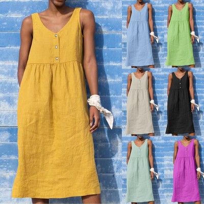 Women Cotton Linen Boho Casual Fashion Sleeveless Dress For Holiday Large Size