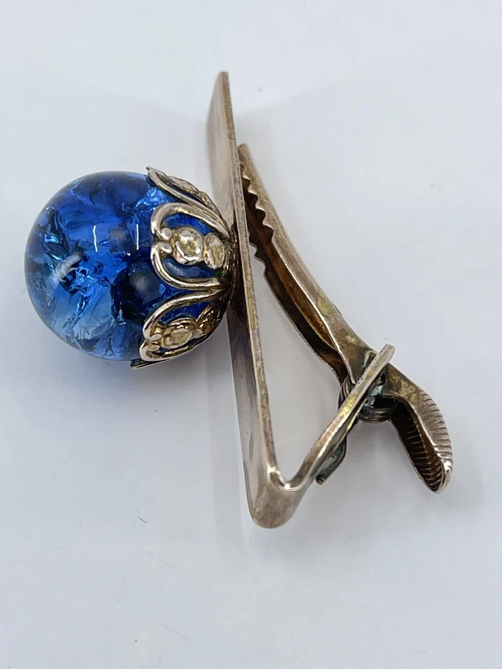 Barra de clip de corbata esfera de vidrio azul tono dorado 14 mm diseño abierto ajuste 1,5" Foto 2 de 4