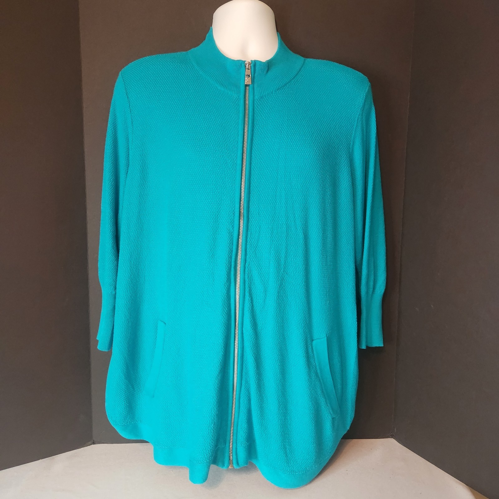Belle by Kim Gravel Mock Neck Zip-Front Sweater Cardigan Turquoise Size XL