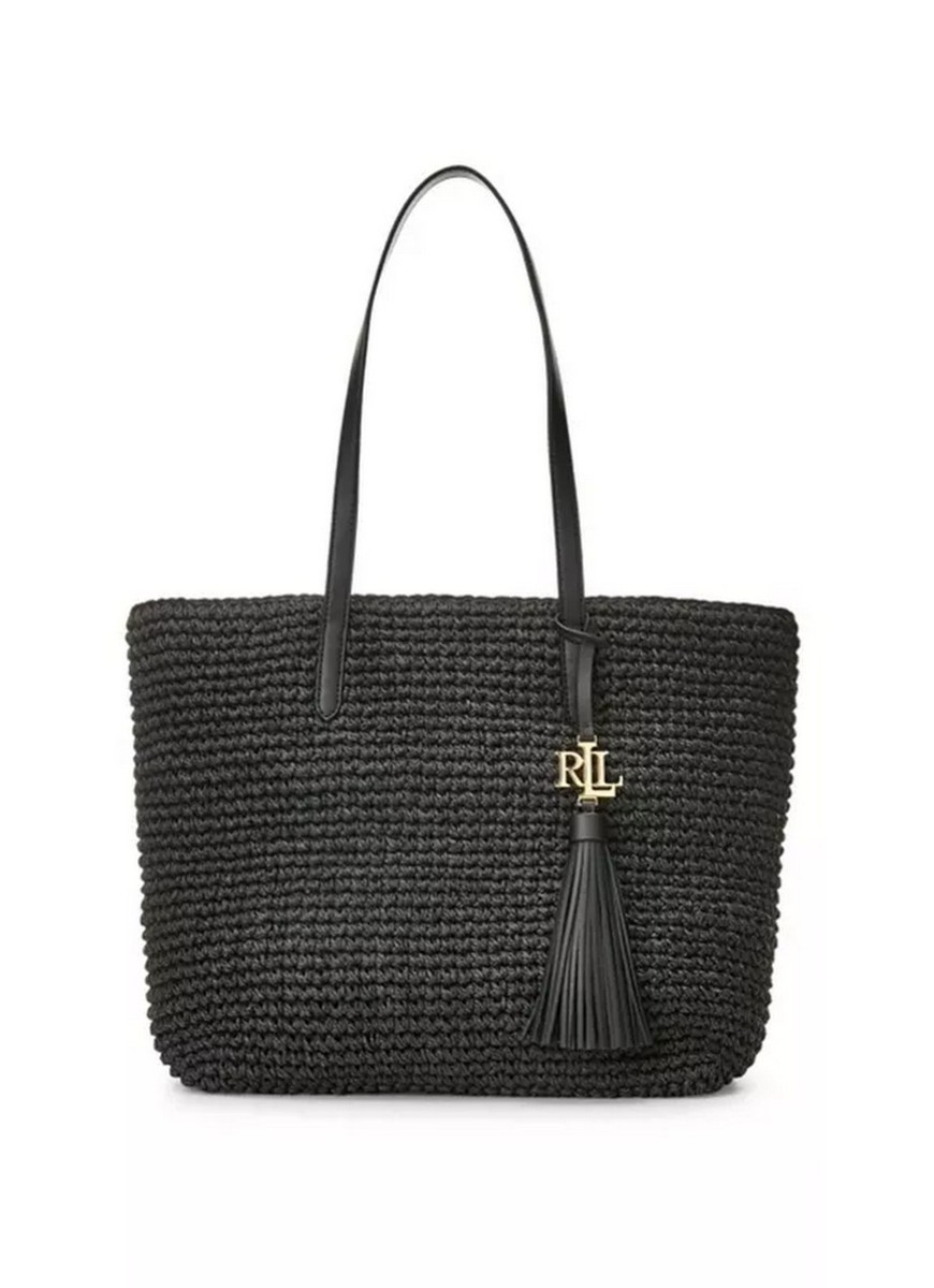 Lauren Ralph Lauren Crochet-Straw Medium Whitney Tote Black $195