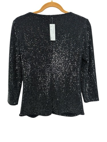 Tiana B Women’s Sz S Black V-Neck 3/4 Beaded Top With Front Ruching - Picture 2 of 7