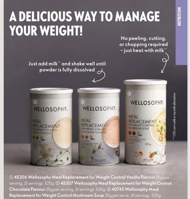 Oriflame - Wellosophy  Meal Replacement,  Chocolate, Vanilla and Mushroom Soup.