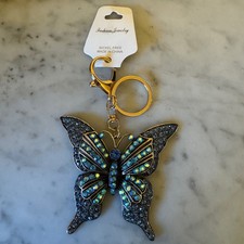 Blue Rhinestone Butterfly Keychain Gold Tone Purse Charm Crystal Bag Accessory
