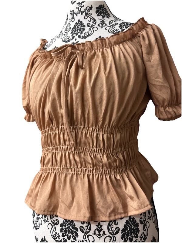 Pagans Woman’s Size Med Off The Shoulder Peasant Blouse Gold Beige Ruffled Smock