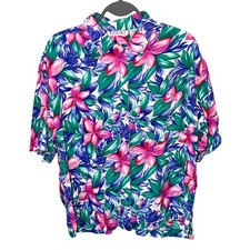 VTG IZOD Tropical Floral Short Sleeve Button Up 100 Rayon Shirt Size Medium