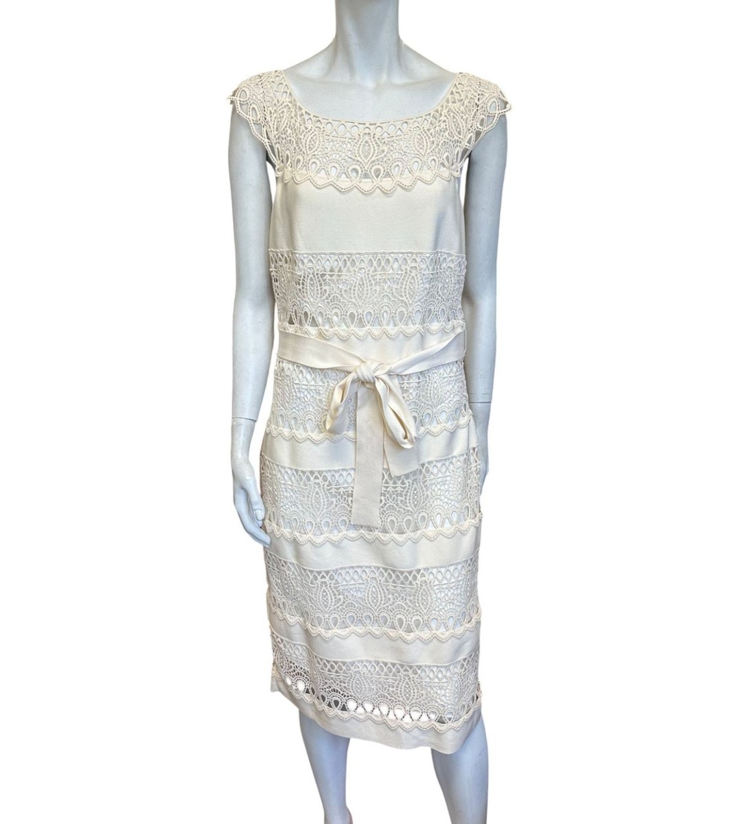 CHRISTIAN DIOR 8 Knit Crochet Dress Large Cream Sleeveless Boat