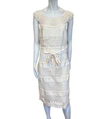 CHRISTIAN DIOR 8 Knit Crochet Dress Large Cream Sleeveless Boat