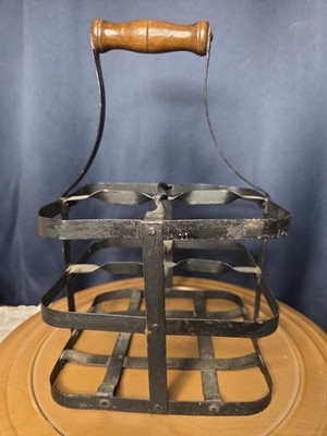 1930s - 50s ANTIQUE / VINTAGE FRENCH Handmade Metal 4 Bottle Wine Carrier Basket