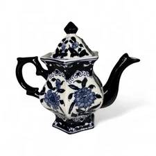 Teapot Blue and White Porcelain 16 Ounce China, Coffee Pot-Hexagonal