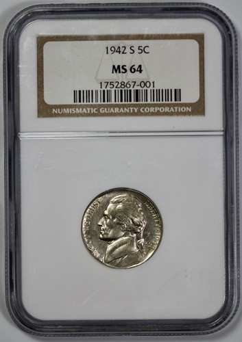 1942-S Jefferson 5c Nickel NGC MS 64 Looks Proof Like