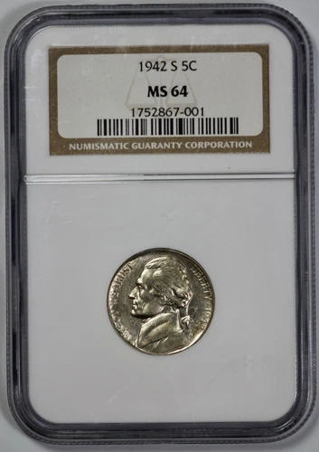 1942-S Jefferson 5c Nickel NGC MS 64 Looks Proof Like