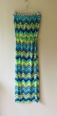 Lily Bleu Sz L Strapless Chevron Maxi Casual Dress Neon Striped Belted