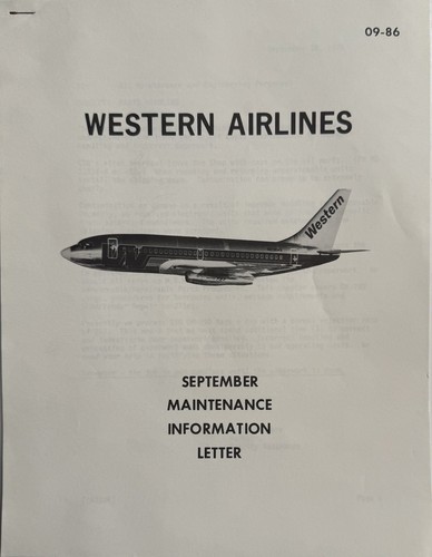 Western Airlines Maintenance Information Letter Booklet - Sept 1986