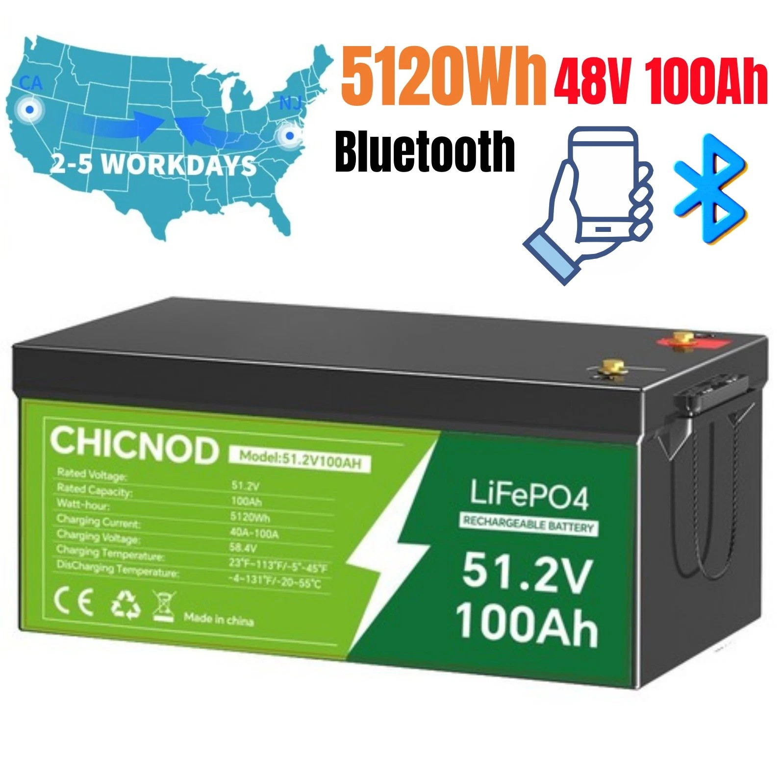 48V 100Ah LiFePO4 Lithium Battery 5120Wh Bluetooth with BMS For RV/Golf Carts