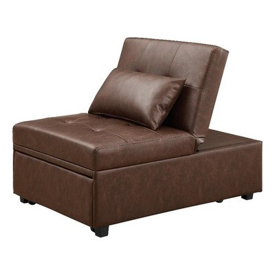 Linon Boone Upholstered Faux Leather Convertible Chair to Sofa Bed in Brown