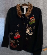 VTG Tiara International Sz L Zip Up Christmas Sweater w/ Fur Collar Holiday EUC