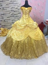 Bright gold Quinceanera Prom Dress Lace-up corset gothic cosplay Applique Long
