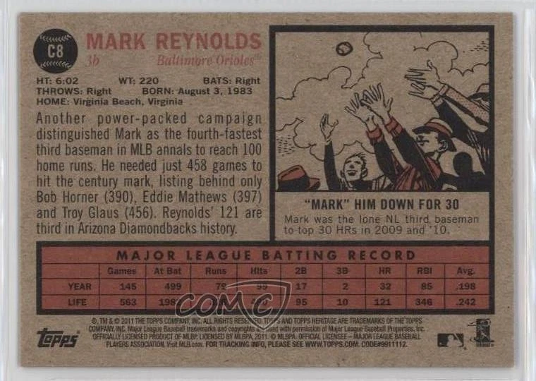2011 Topps Heritage Chrome Retail Black Border Mark Reynolds #C8 - Image 2 of 2