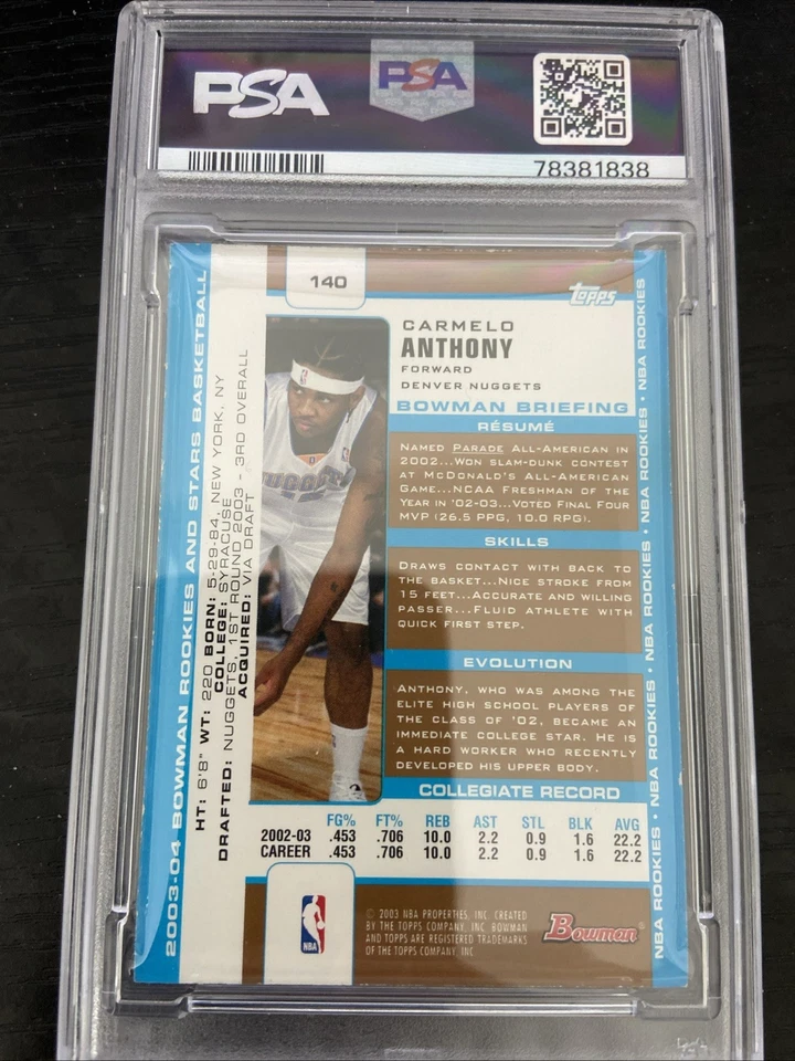 2003-04 年 Bowman 新秀和明星新秀 Carmelo Anthony #140 金色 (RC) PSA 8 — 第 2/2 张图片