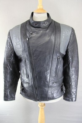 VINTAGE 70er/80er JAHRE SCHÖNE SCHWARZ & GRAUE RINDSLEDER BIKER JACKE 40-42 INCH