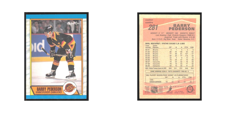 1989 O-Pee-Chee Barry Pederson Vancouver Canucks #281 - Image 3 of 3
