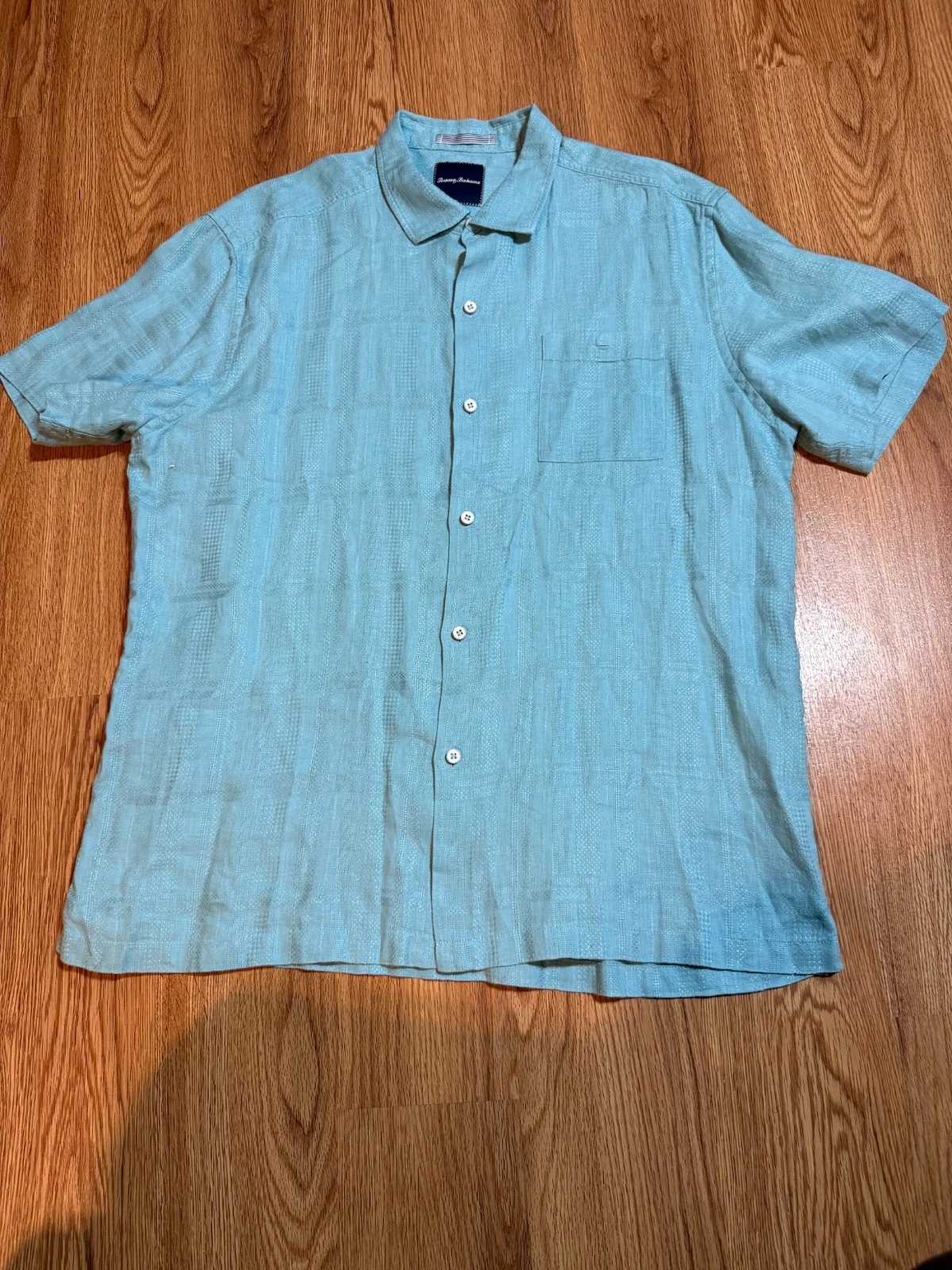 Tommy Bahama Short Sleeve Shirt Green Front Pocket 100 Percent Linen Size XL